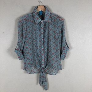 Flutterby Shirt Blue Floral Sheer Front Tie Cropped Pleated Cottage Women Medium